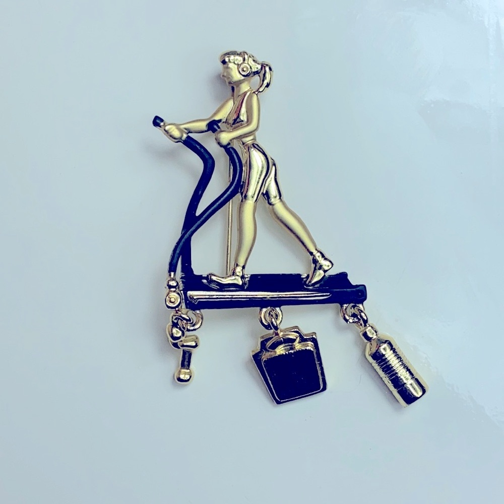 Vintage Danecraft 🏋️‍♀️ Workout Cardio Girl Brooch Pin With Dangle Charms